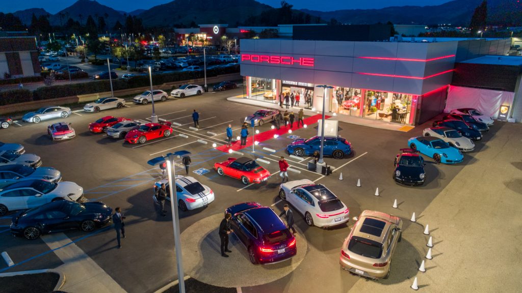 Drone Photography of Porsche Dealership - San Luis Obispo CA - Night Photography - Architectural Photography - Porsche Grand Opening - Studio 101 West Photography
