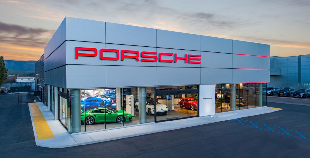 San Luis Obispo Porsche Dealership Drone Dusk Photographer - Studio 101 West Drone Photographer Porsche Dealership Drone Architecture Photography - San Luis Obispo, CA Near Me - FAA Licensed Drone Pilot Photographer - Studio 101 West Photography
