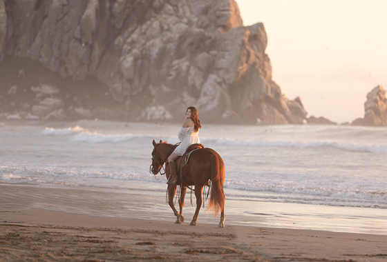 Graduate Senior Photography - Horse on Beach - Morro Bay Rock Horse back  Rider in Dress - Senior Photographer Near Me - Horse Girl Senior Portrait on Beach - Outdoor Photographer Near Me - Studio 101 West Photography