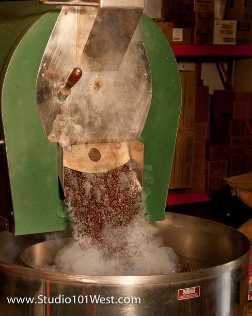 Coffee roster pourining out freshly roasted beans. coffee roaster pictures, san luis obispo advertising photographer,