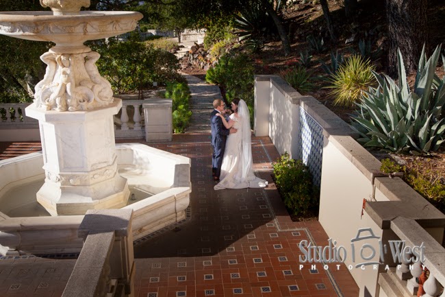 bride and groom by fountain near guest house at Hearst Castle Studio101West Photography
