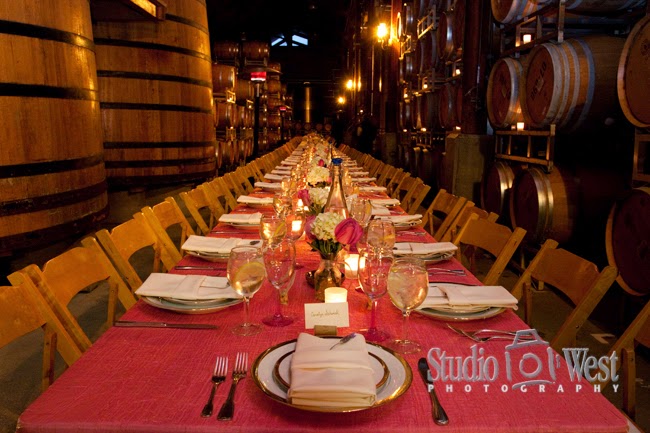 Firestone Winery - Reception table with wine barrels - studio101west photography Firestone Vineyard - San Luis Obispo Wedding Photographer - Central Coast Winery Wedding Venues - studio 101 west