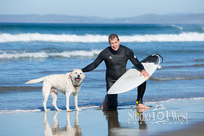 Business lifestyle photo of surfer and wet dog - Studio 101 West Photography Business man surfer photo - website photography - Lifestyle photographer - Studio 101 West Photography