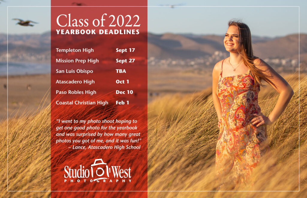 Class of 2022 Yearbook Deadlines - Atascadero - Templeton - Paso Robles - Mission Prep - SLO High - Senior Photography - Studio 101 West Photography Class of 2022 - Senior Portrait Yearbook deadlines - Templeton High School Senior Portraits - Mission Prep High School Senior Portraits - San Luis Obispo High School Senior Portraits – Atascadero Senior Portraits - Paso Robles Senior Portraits - Coastal Christian High School Senior Portraits - Studio 101 West Photography